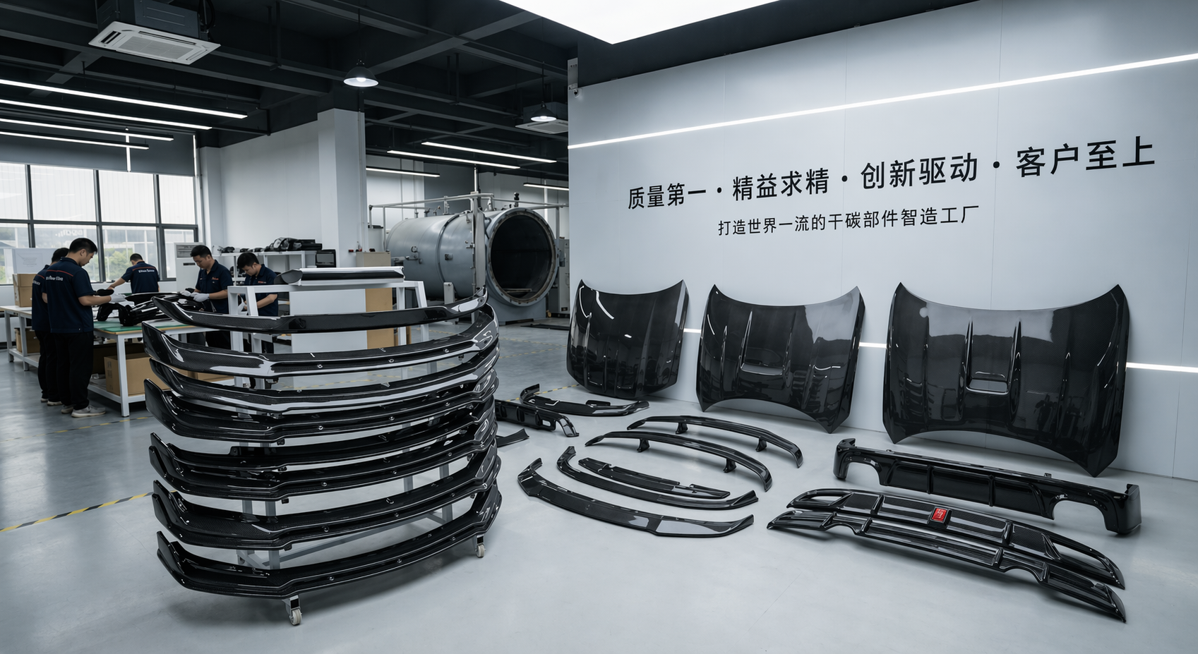 Premium dry carbon fiber car parts including hoods and front lips displayed inside the Vuro Carbon wholesale manufacturing facility in China, featuring a professional autoclave in the background.